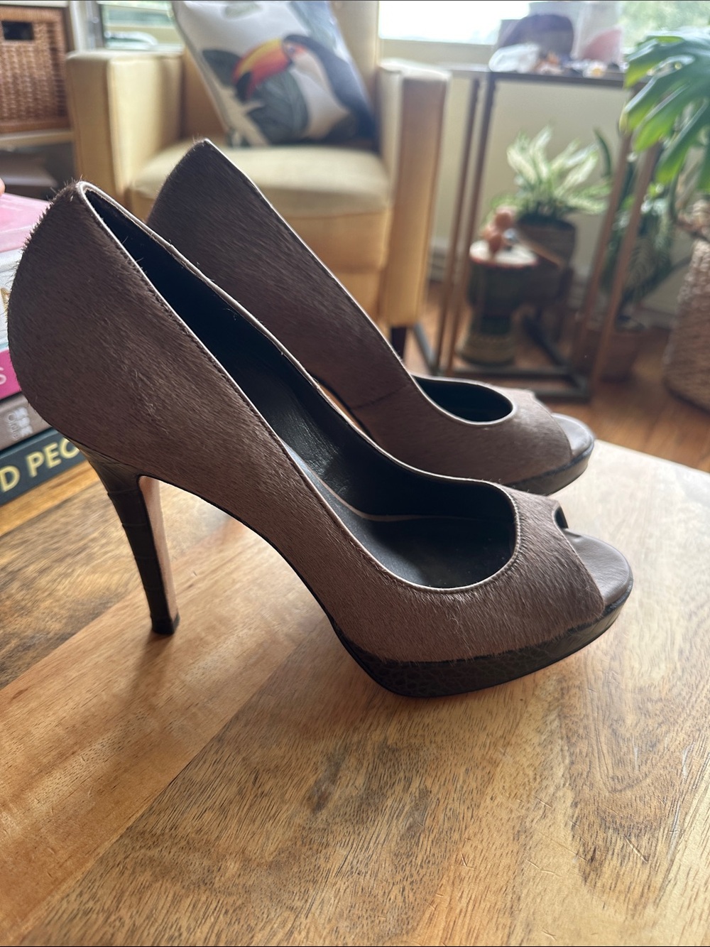 Cole Haan + Nike Air Tan & Brown Calf Hair Platform Peep Toe Stiletto Heels